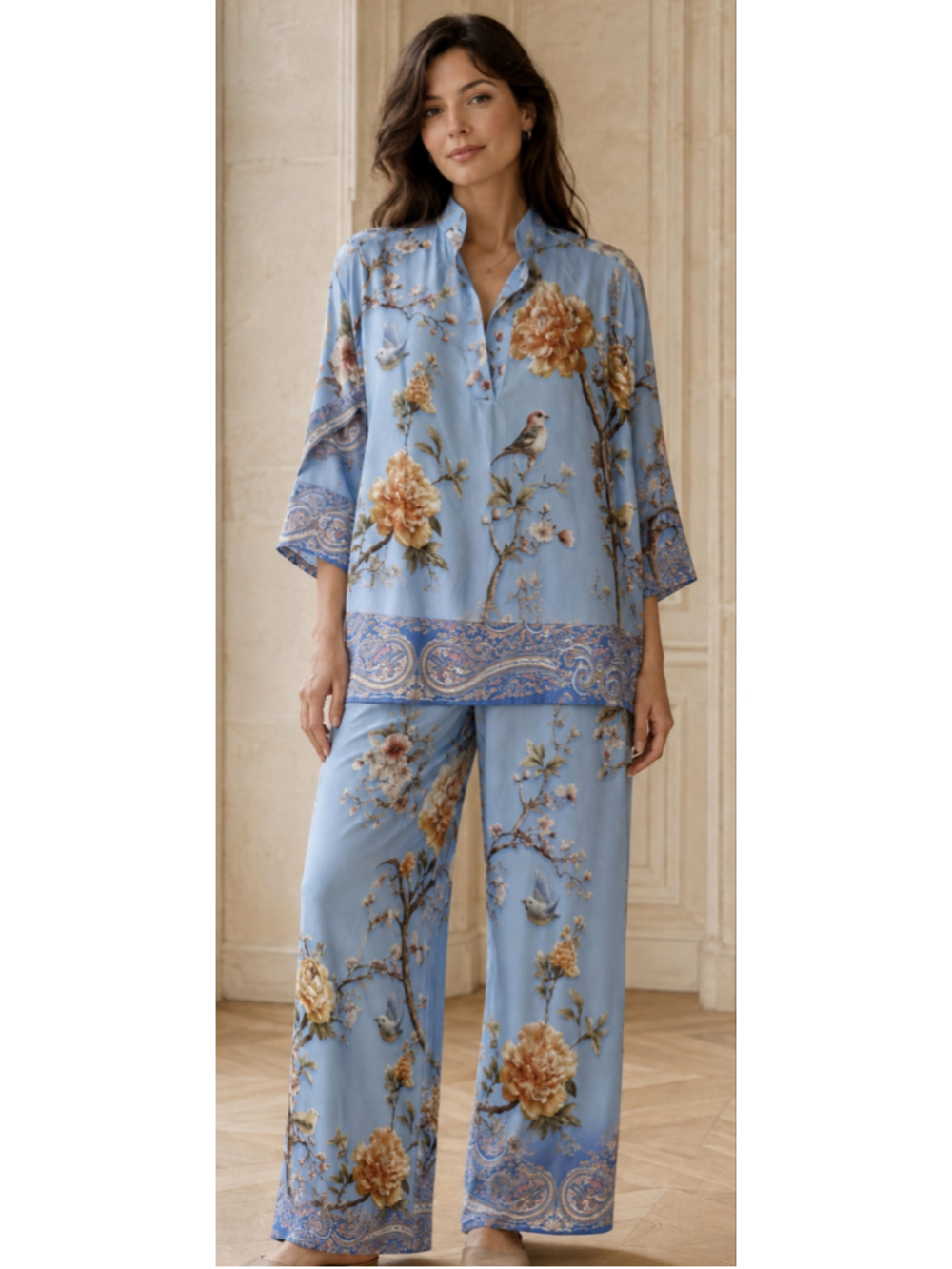 Made in Italy Silk Blend Floral Bird Print Lounge Set Size L Blue
